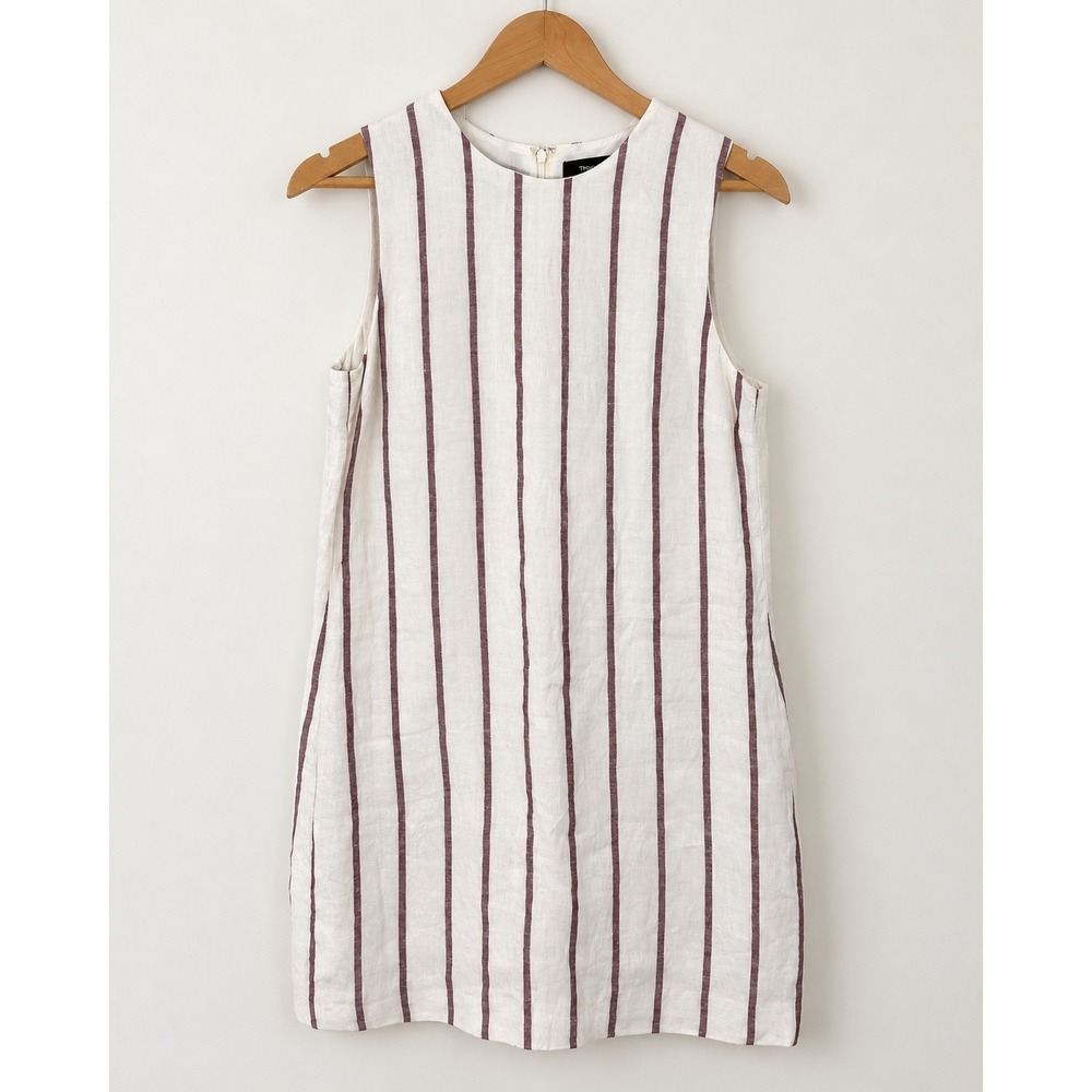 Theory Adraya Wide Stripe Linen Shift Dress White Burgundy Sleeveless 4